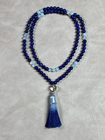 Mala: lapis lazuli and opalite beads with guru bead and blue tassel