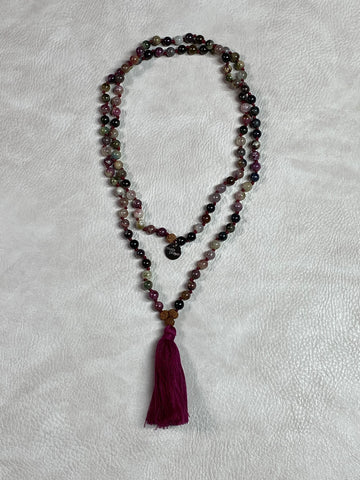 mala: knotted amethyst beads with rudraksha